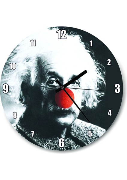 Kırmızı Burunlu Einstein Temalı Büyük Yuvarlak Duvar Saati 50x50 cm