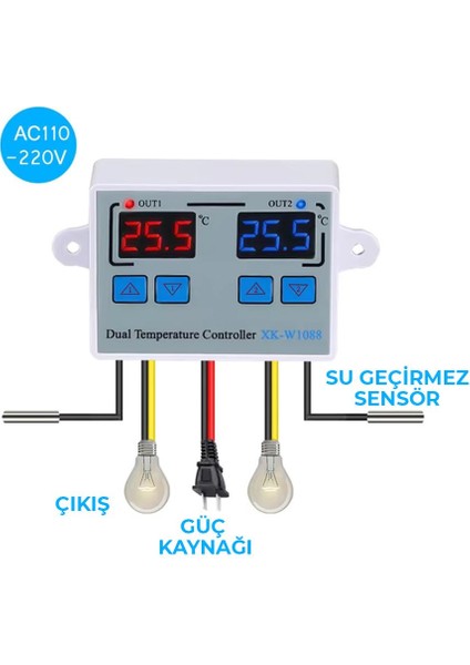 XK-W1088 Ac 110-220V Çift Dijital Göstergeli Termostat Sıcaklık Kontrol Cihazı 1500W fiyatları