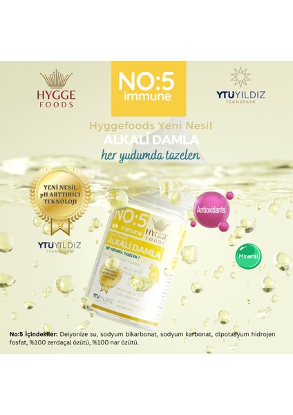 Hyggefoods Yeni Nesil Alkali Damla No:5 Immune Yüksek Antioksidanlı Ph Arttırıcı Su Içmeye Yardımcı indirimleri