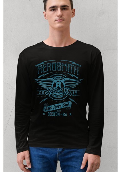 Aerosmith Siyah Uzun Kollu Erkek Penye Tişört