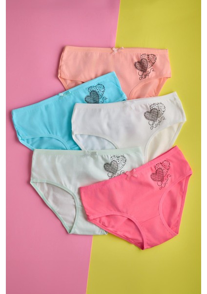 Kız Çocuk 5 Li Paket Renkli Slip Külot-Kalpler Çok Renkli