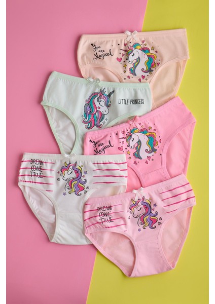 Kız Çocuk 5 Li Paket Unicorn Desenli Slip Külot Çok Renkli