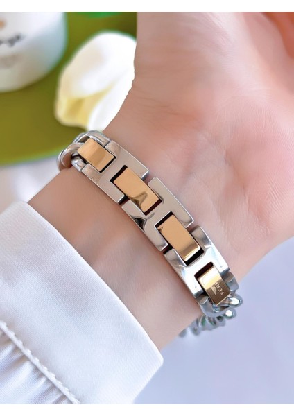 Retro Zincirli Özel Tasarım Çelik Kordon Iyon Kaplama Kasa Kadın Kol Saati+Bileklik EFL40132D6 modelleri