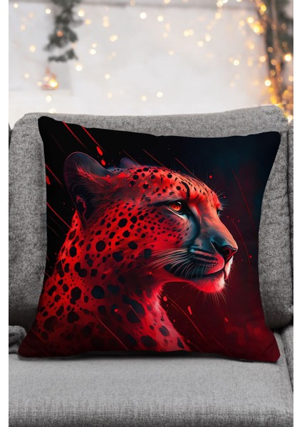 Leopar Desenli Mor Turkuaz Kırmızı Sarı Renkli Dijital Baskılı 4lü Dekoratif Kırlent Yastık Kılıfı
