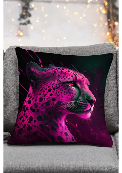 Leopar Desenli Mor Turkuaz Kırmızı Sarı Renkli Dijital Baskılı 4lü Dekoratif Kırlent Yastık Kılıfı