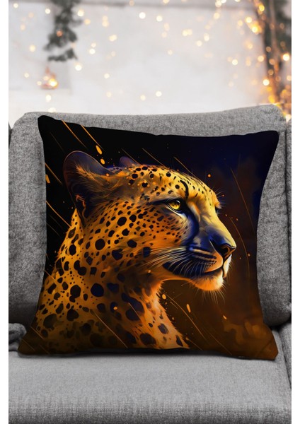 Leopar Desenli Mor Turkuaz Kırmızı Sarı Renkli Dijital Baskılı 4lü Dekoratif Kırlent Yastık Kılıfı