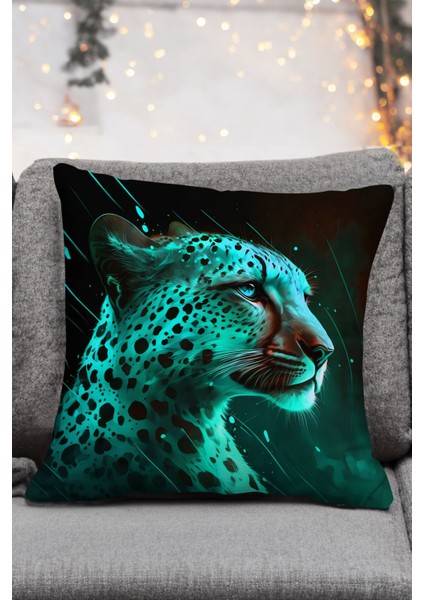 Leopar Desenli Mor Turkuaz Kırmızı Sarı Renkli Dijital Baskılı 4lü Dekoratif Kırlent Yastık Kılıfı