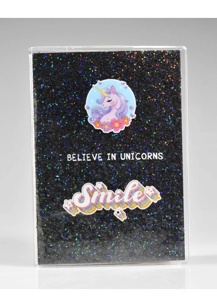 Çiçekli Unıcorn Siyah Simli Defter