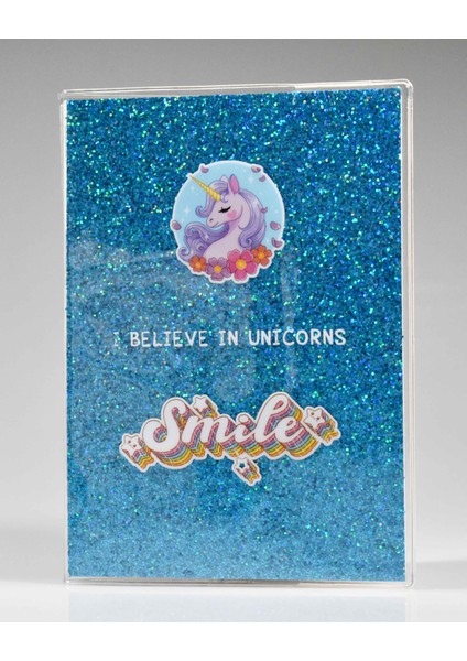 Çiçekli Unıcorn Mavi Simli Defter