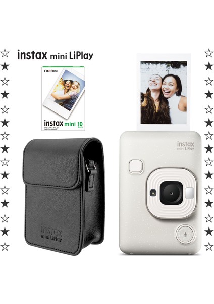 Fujifilm Instax Mini Liplay Hybrid Misty White Fotoğraf Makinesi 10'lu Film ve Deri Kılıf Hediye Seti