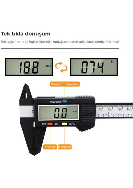 Karbon Fiber Dijital Göstergeli Kumpas 150mm Kalınlık Ölçer