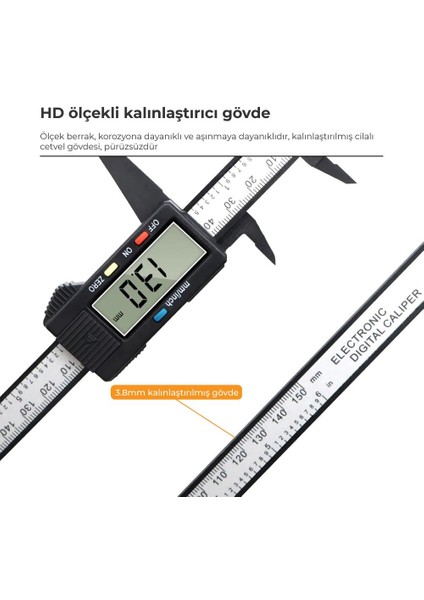 Karbon Fiber Dijital Göstergeli Kumpas 150mm Kalınlık Ölçer