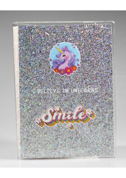 Çiçekli Unıcorn Gri Simli Defter