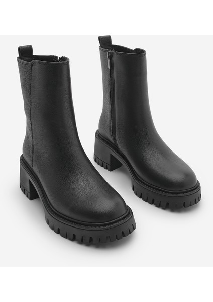 Kadın Hakiki Deri Fermuarlı Kalın Topuklu Tırtıklı Taban Günlük Bot Forlas Siyah
