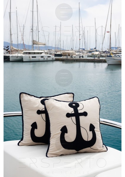 Marin Serisi Çapa Punch Panç Desen Nakışlı Kırlent Kılıfı 1 Adet 43x43cm