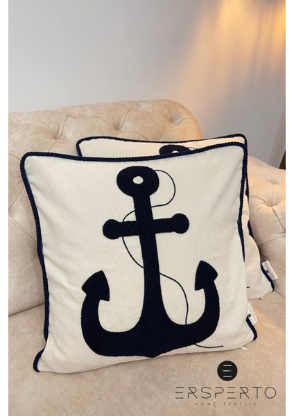 Marin Serisi Çapa Punch Panç Desen Nakışlı Kırlent Kılıfı 1 Adet 43x43cm