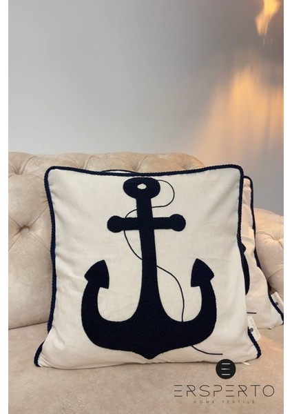 Marin Serisi Çapa Punch Panç Desen Nakışlı Kırlent Kılıfı 1 Adet 43x43cm