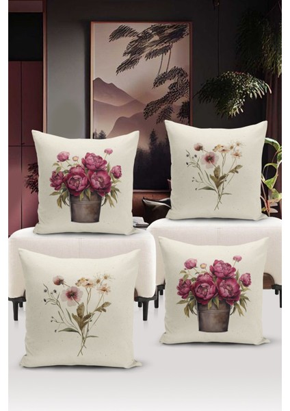 Flower/Vintage Serisi Çift Tarafı Dijital Baskılı 4'Lü Kırlent Kılıfı Seti (Cushion Cover Set)