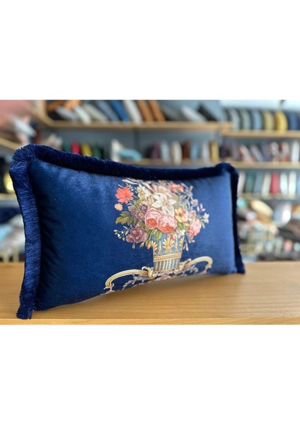 Ithal Ipek Kadife Lacivert Dikdörtgen Klasik Çiçekli Püsküllü Kırlent Kılıfı (Çift Taraflı Desen)