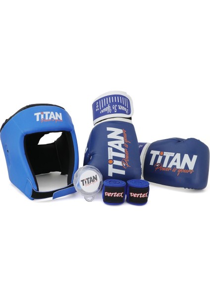 Titan Sport Mavi Serisi Özel Takım Set , Boks Kaskı, Boks Eldiveni, Dişlik, Bandaj