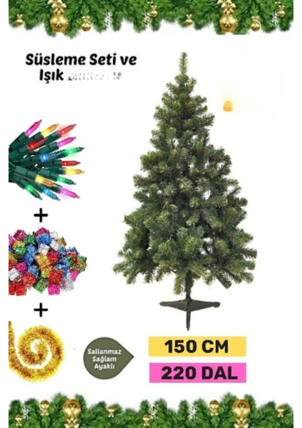 Premium Kutu Süsleme Seti Yılbaşı Çam Ağacı Renkli Işığı Yeni Yıl Süsleri Noel Paketi 150 cm 220 Dal