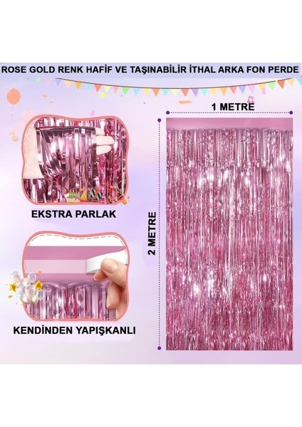 Ekstra Metalize Parlak Saçaklı Arka Fon Perde - Rose Gold