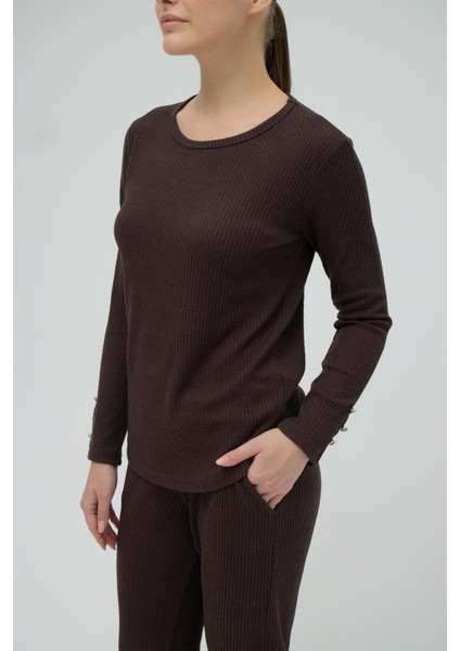 Kadın Uzun Kol Fitilli Kahve Pijama Takım C2T6N9O02 fırsatları