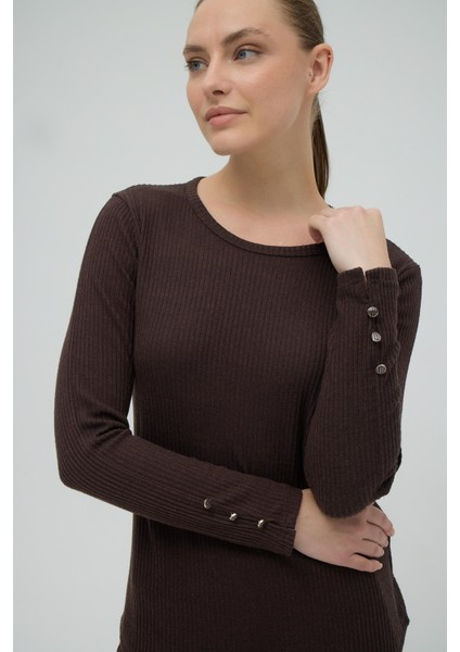 Kadın Uzun Kol Fitilli Kahve Pijama Takım C2T6N9O02
