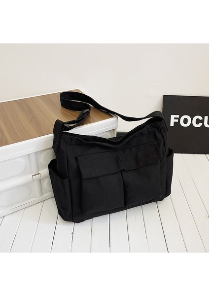 Omuz Çantası Çapraz Çanta Taşınabilir Yüksek Kaliteli Tuval Su Geçırmez Malzeme Düz Renk ve Basit Stil, Siyah (Yurt Dışından)