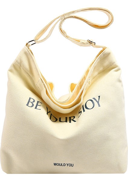 Omuz Çantası Çapraz Çanta Taşınabilir Yüksek Kaliteli Tuval Malzemesi Basit Formatlı Mektup Baskısı, Bej (Yurt Dışından)