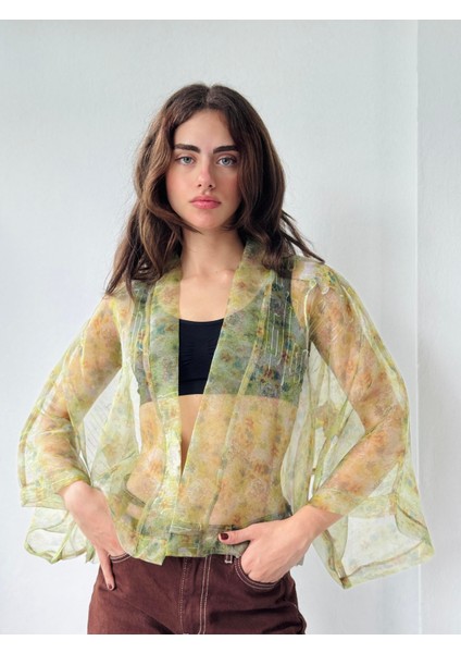 Tasarım Desenli Organze Mini Kimono Kadın Açık Yeşil