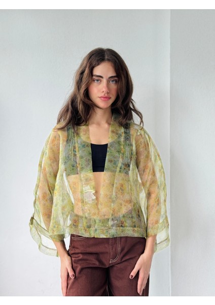 Tasarım Desenli Organze Mini Kimono Kadın Açık Yeşil fiyatları