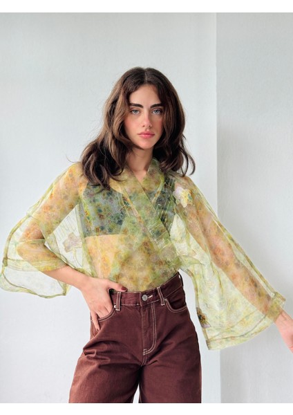 Tasarım Desenli Organze Mini Kimono Kadın Açık Yeşil indirimleri