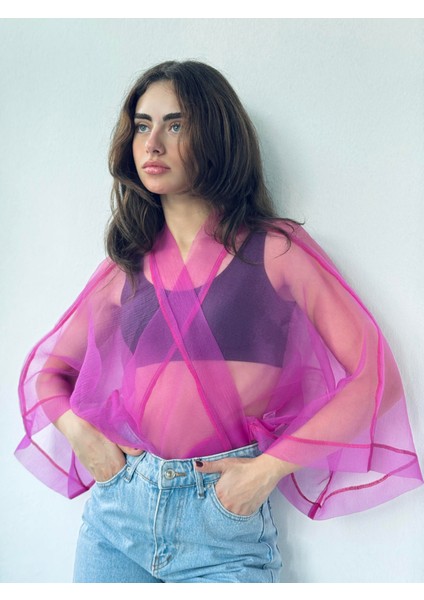 Tasarım Organze Mini Kimono Kadın Fuşya