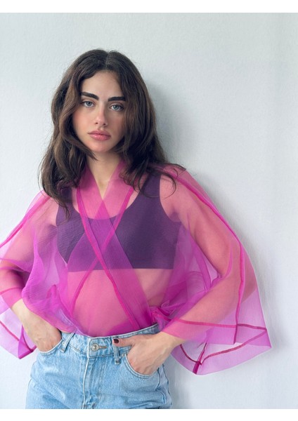 Tasarım Organze Mini Kimono Kadın Fuşya modelleri