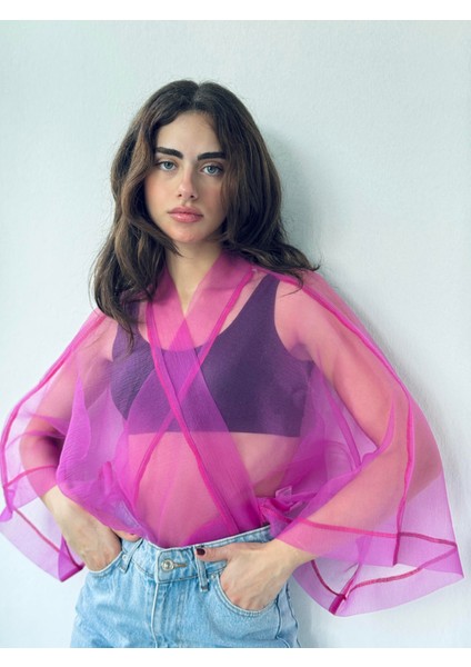 Tasarım Organze Mini Kimono Kadın Fuşya fırsatları