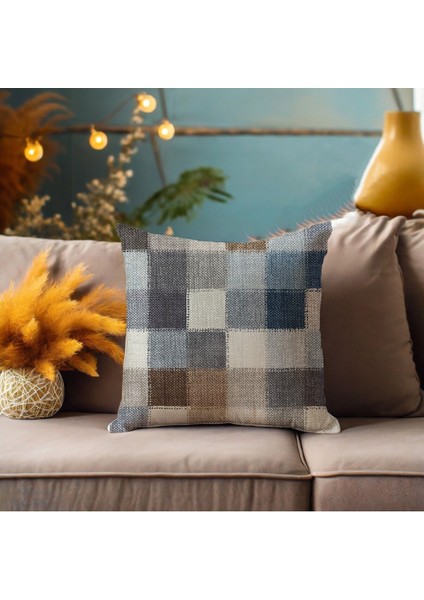 Bej Lacivert Kareli Kilim Desenli Çift Taraf Dijital Baskılı Kırlent Kılıfı