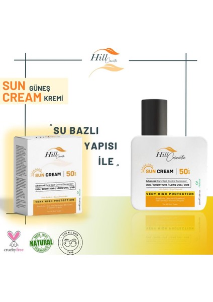 Hill Cosmetic Koyu Leke Karşıtı Güneş Kremi Aloe Vera Nemlendirici Su Bazlı Glow Sun Cream 50++ Spf