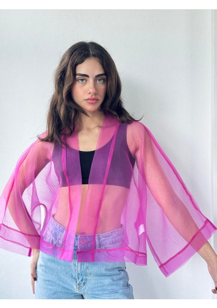 Tasarım Organze Mini Kimono Kadın Fuşya indirimleri