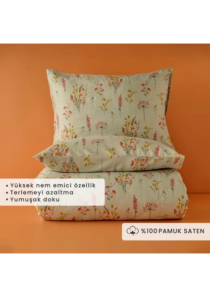 Bella Maison Pamuk Saten Flores King Size Nevresim Seti Açık Yeşil (240X220 Cm)