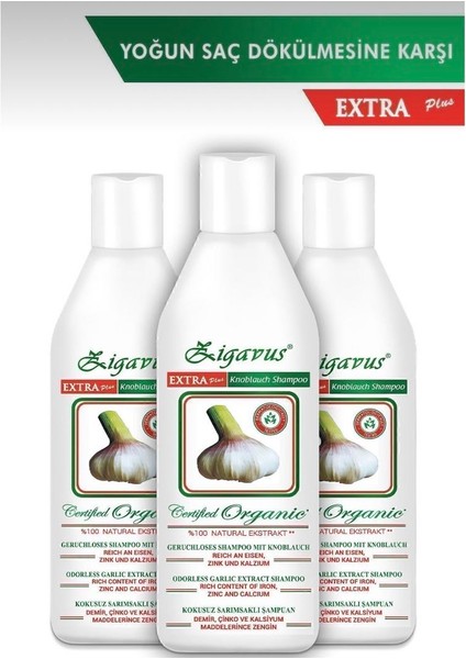 Zigavus Ekstra Plus Saç Dökülemelerine Karşı Sarımsak Özlü Kokusuz Şampuan 150 ml 3 Adet