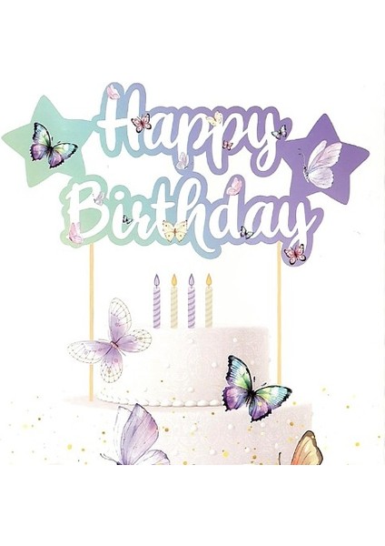 Kelebek Temalı Happy Birthday Pasta Süsü