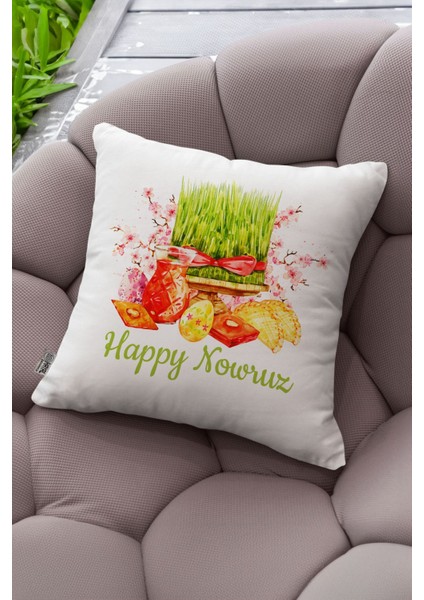 Nevruz Temalı Happy Nowruz Yazılı Çimen Desenli Dijital Baskı Kırlent Yastık Kılıfı