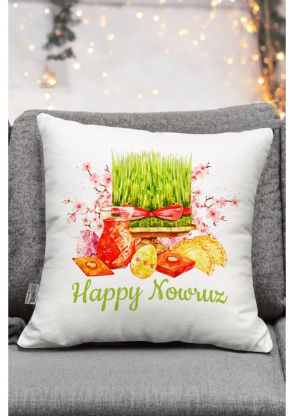 Nevruz Temalı Happy Nowruz Yazılı Çimen Desenli Dijital Baskı Kırlent Yastık Kılıfı