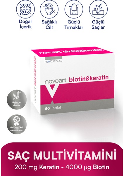 Novoart Biotin & Keratin (Hidrolize Kolajen, Bitkisel Ekstreler, Çinko, Vitaminler) Saç Vitamini 60 Tablet