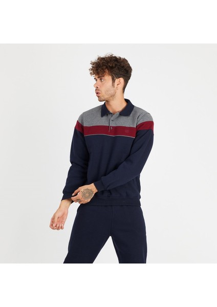 Erkek Yakalı Düğmeli - Polo Yaka Eşofman Üst Sweatshirt -