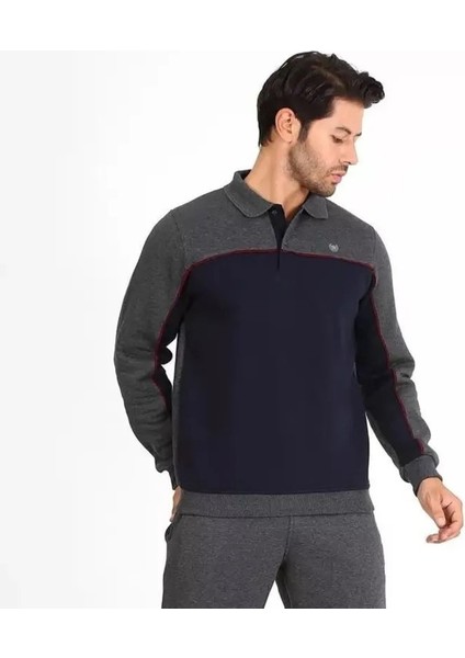 Erkek Yakalı Düğmeli - Polo Yaka Eşofman Üst Sweatshirt -