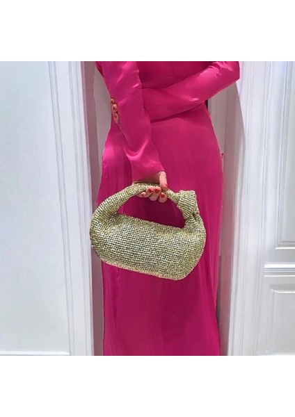 Judıe Düğümlü Metalik Parlak Gold Renk tasarım örgü El Çantası