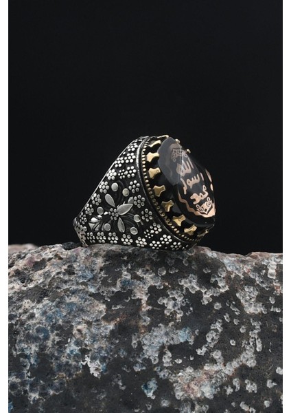 Gümüş 925 Ayar Gümüş Erkek Yüzüğü Mührü Şerif Sıkma Kehribar Taşlı 901256 fiyatları