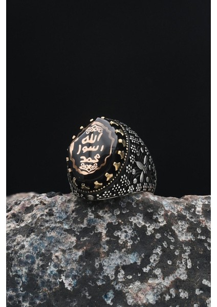 Gümüş 925 Ayar Gümüş Erkek Yüzüğü Mührü Şerif Sıkma Kehribar Taşlı 901256 indirimleri